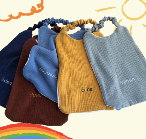 Serviette de cantine brodée maternelle crèche gaze de coton doublée éponge bambou