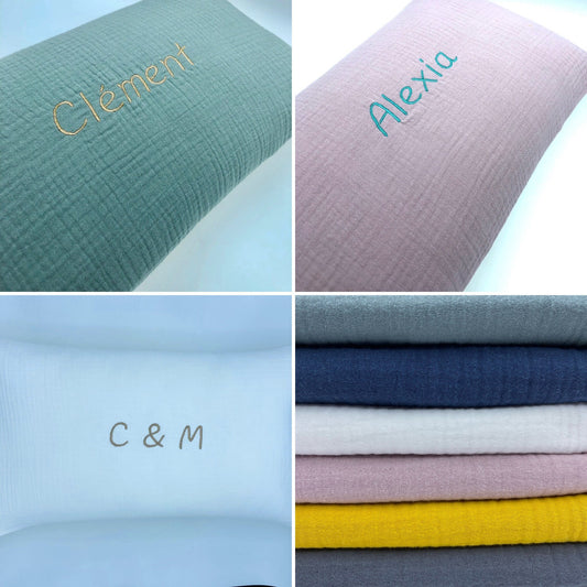 Coussin gaze de coton brodé prénom/mot déhoussable blanc