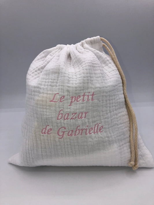 Grand Pochon en triple gaze de coton brodé personnalisé 45x30 CM