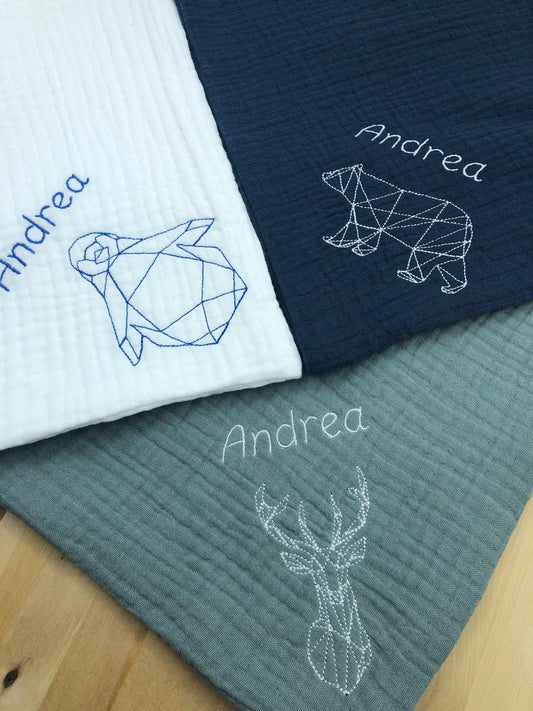 Couverture bébé double gaze de coton brodé/Plaid gaze de coton BLEU