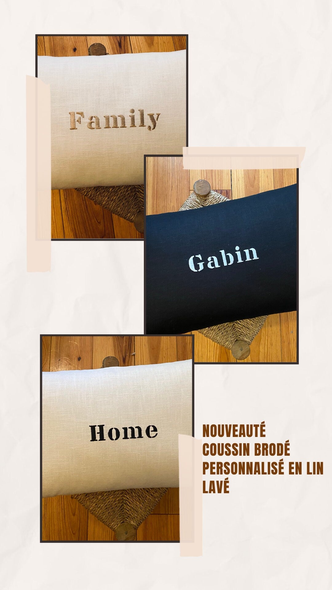 Coussin en Lin noir brodé personnalisé déhoussable