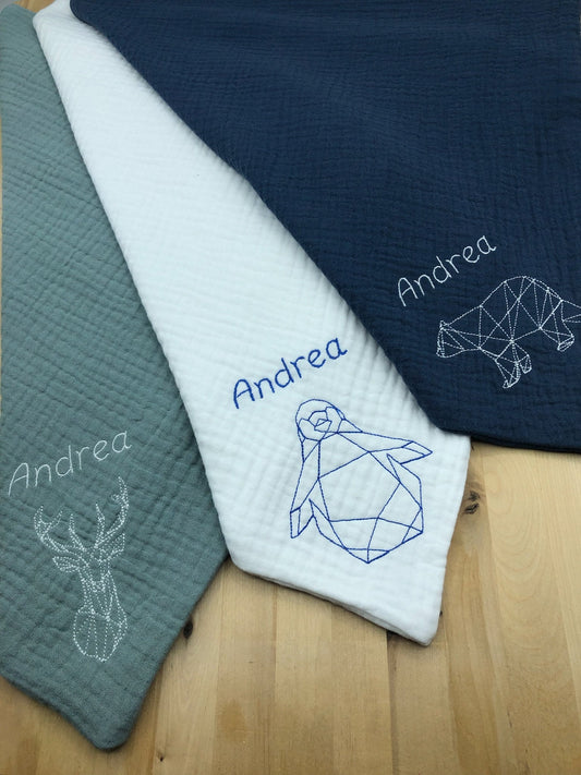 Couverture bébé double gaze de coton brodé/Plaid gaze de coton bleu