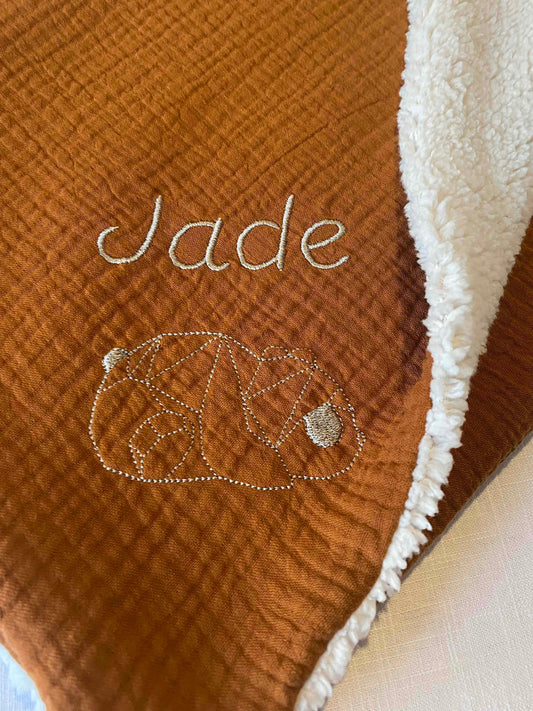 Couverture bébé double gaze de coton brodé Sherpa/Plaid gaze de coton Sherpa bleu