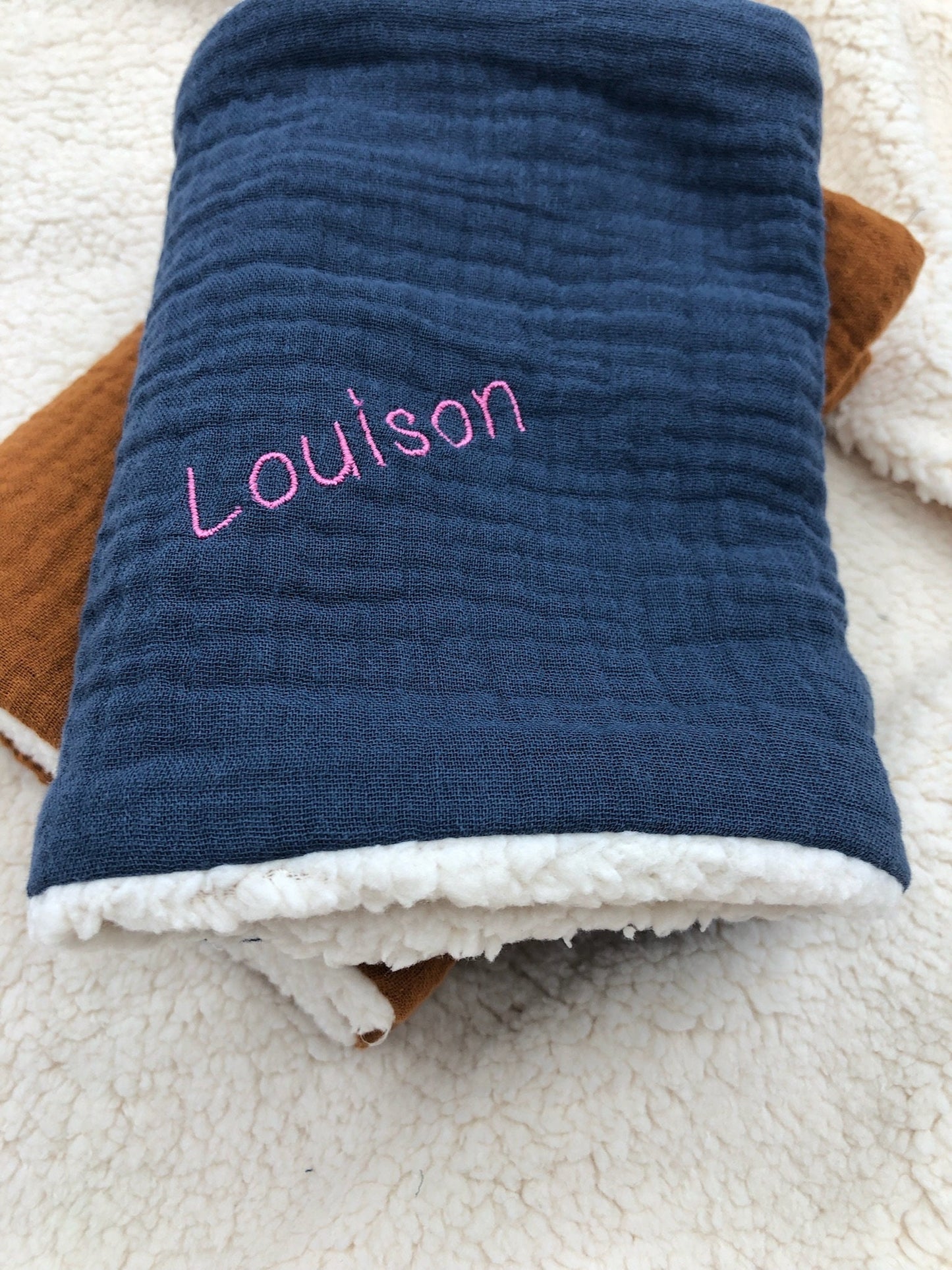 Snood (tour de cou écharpe) enfant/bébé gaze de coton doublé sherpa broderie personnalisée bleu