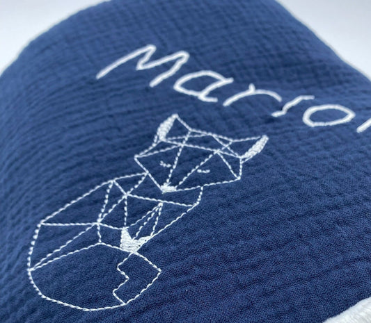 Couverture bébé double gaze de coton brodé Sherpa/Plaid gaze de coton Sherpa bleu