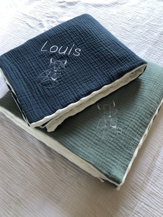 Couverture bébé double gaze de coton brodé Minky/Plaid gaze de coton MOTIF LAPIN