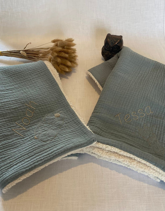 Couverture bébé double gaze de coton brodé Sherpa/Plaid gaze de coton Sherpa