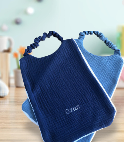 Serviette de cantine brodée maternelle crèche gaze de coton doublée éponge bambou