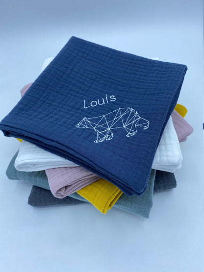 Couverture bébé double gaze de coton brodé/Plaid gaze de coton bleu