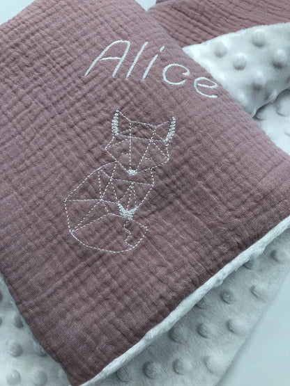 Couverture bébé double gaze de coton brodé Minky/Plaid gaze de coton MOTIF LAPIN