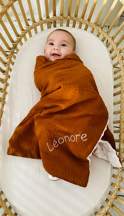 Couverture bébé double gaze de coton brodé Minky/Plaid gaze de coton MOTIF LAPIN