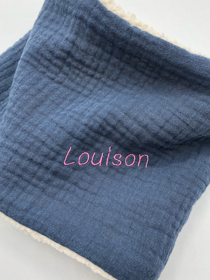 Snood (tour de cou écharpe) enfant/bébé  gaze de coton doublé sherpa broderie personnalisée