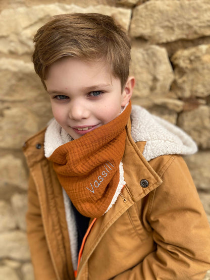 Snood (tour de cou écharpe) enfant/bébé  gaze de coton doublé sherpa broderie personnalisée